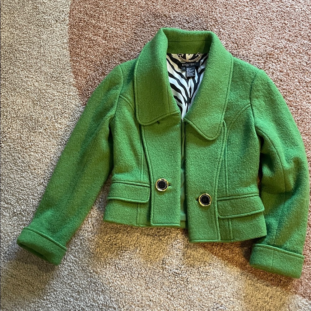 Vintage 80s 90s cropped 100% wool green blazer military, retro, maxi lapel